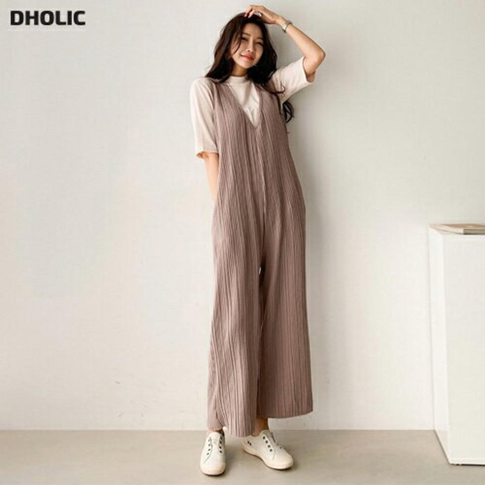 Vネックマルチリブオールインワン・p001855 レディース 【pt】オールインワン パンツ ロング丈 ノースリーブ スリーブレス 単色 無地 シンプル ベーシック Vネック ワイド リブ 秋 冬 春 夏 カジュアル ラフ 韓国ファッション MKT