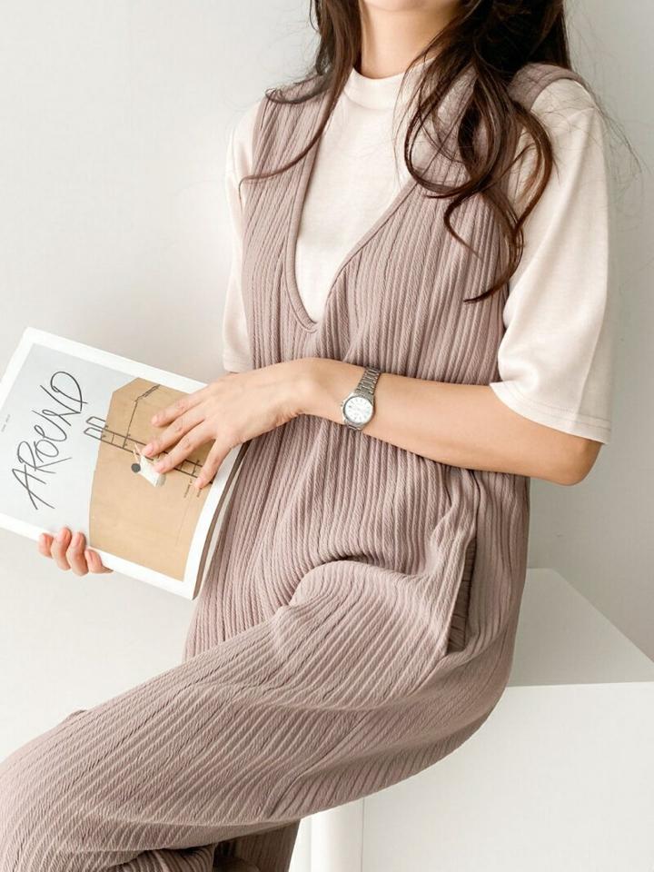 Vネックマルチリブオールインワン・p001855 レディース 【pt】オールインワン パンツ ロング丈 ノースリーブ スリーブレス 単色 無地 シンプル ベーシック Vネック ワイド リブ 秋 冬 春 夏 カジュアル ラフ 韓国ファッション MKT