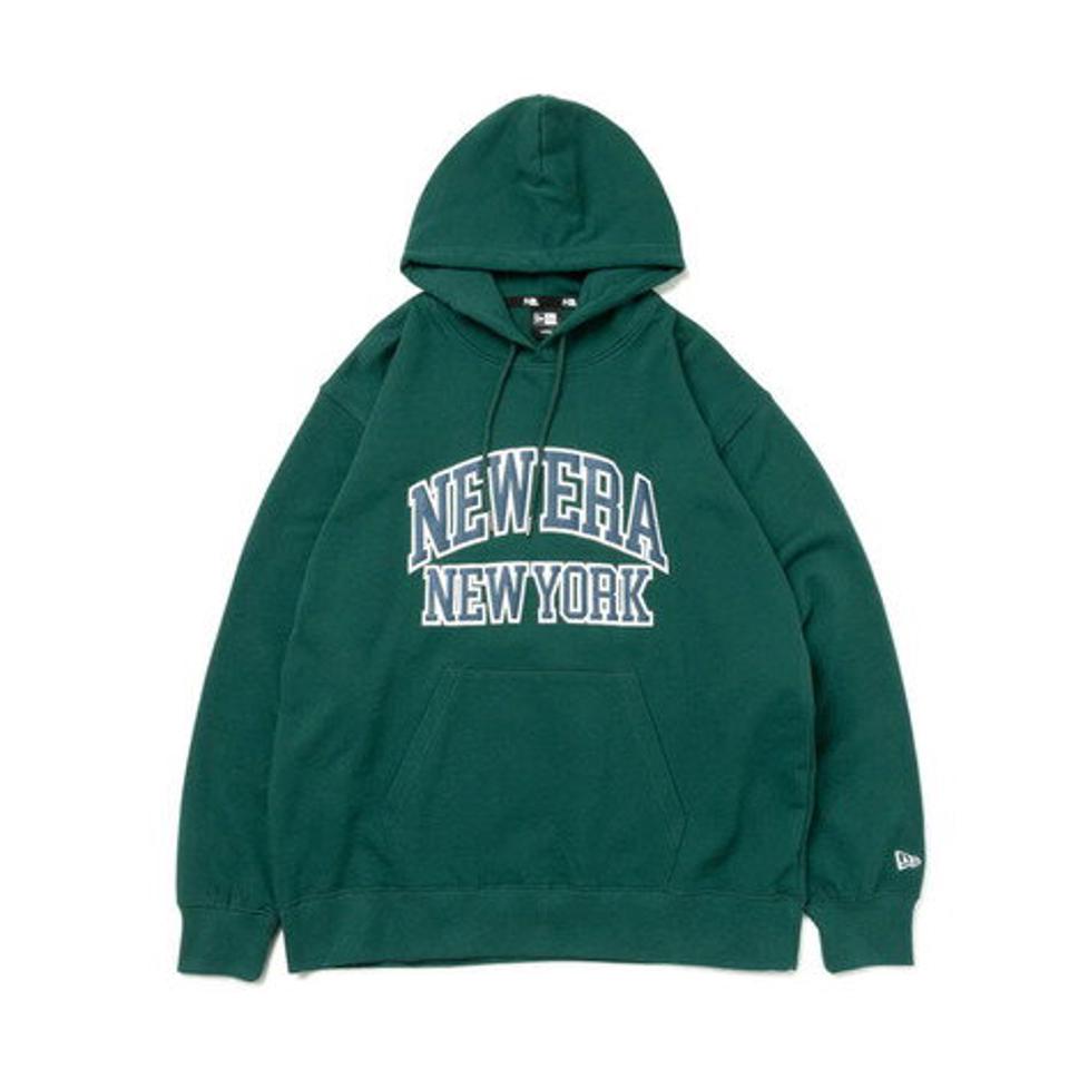 【10％OFFクーポン! 23日迄】ニューエラ（NEW ERA）（メンズ）裏毛 オーバーサイズド プルオーバーフーディー Classic College カレッジロゴ ダークグリーン 13330909