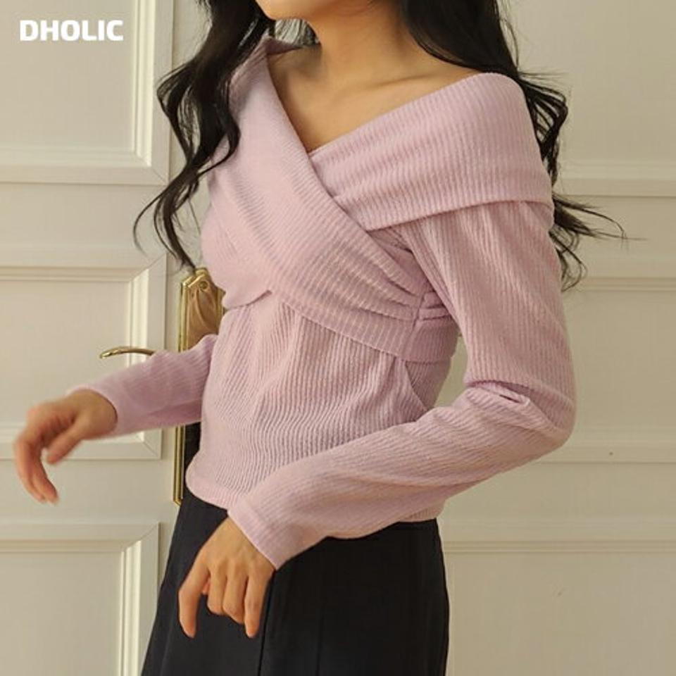 2WAYクロスリブ長袖Tシャツ・p002080 レディース 【tops】 韓国ファッション トップス Tシャツ Vネック オフショル クロスネック 長袖 ロングスリーブ リブ セミクロップド スリムフィット 細身 デコルテ 無地 お出かけ ラブリー カジュアル MKT
