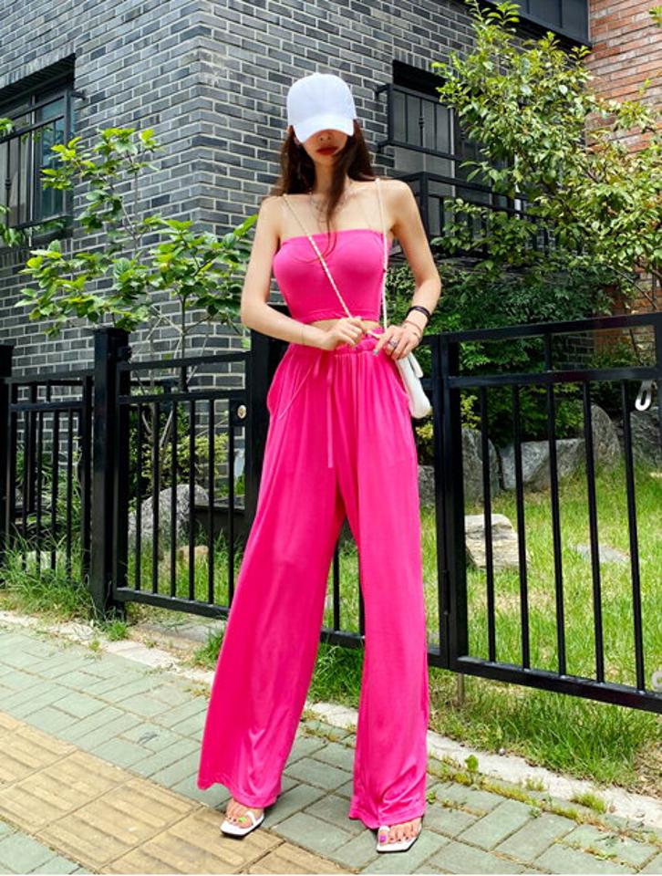 【マラソン特価】チューブトップ&ドロストパンツSET・p002143 レディース 【pt】セットアップ セット setup チューブトップ 単色 無地 シンプル ベーシック スリム 細身 タイト パンツ ロング丈 ドロスト ウエストゴム 秋 冬 カジュアル 韓国ファッション MKT セール