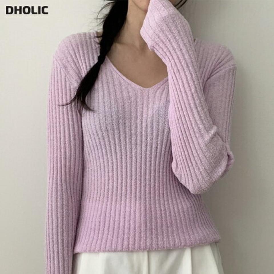 Vネックリブスリムニット・p002139 レディース 【tops】トップス ニット 長袖 リブ タイト 細身 スリム 単色 無地 シンプル ベーシック Vネック 鎖骨 デコルテ 秋 冬 カジュアル かわいい 可愛い 韓国ファッション MKT