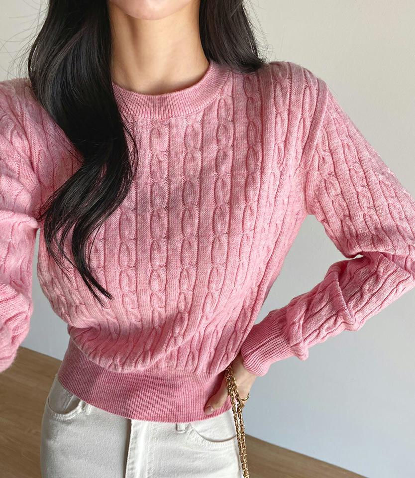 ラウンドケーブルニット・t00221 レディース 【tops】トップス ニットラウンドネック 長袖 ケーブル編み リブヘム クロップド丈 ランジカラー シンプル 大人 フェミニン カジュアル かわいい 可愛い 秋 冬 春 韓国ファッション