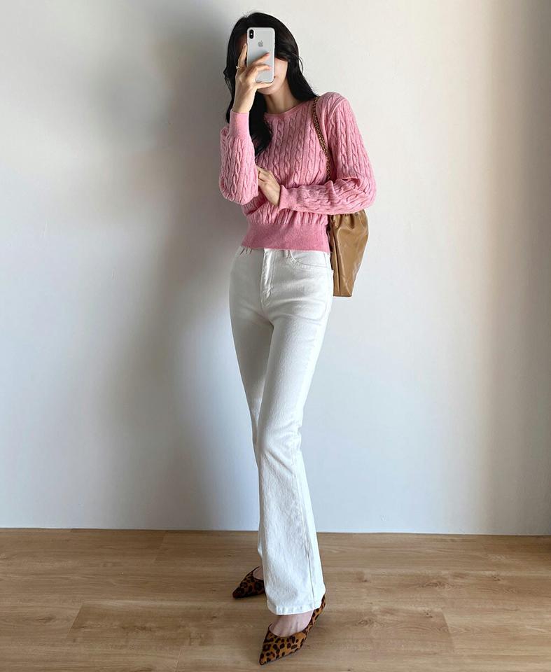 ラウンドケーブルニット・t00221 レディース 【tops】トップス ニットラウンドネック 長袖 ケーブル編み リブヘム クロップド丈 ランジカラー シンプル 大人 フェミニン カジュアル かわいい 可愛い 秋 冬 春 韓国ファッション