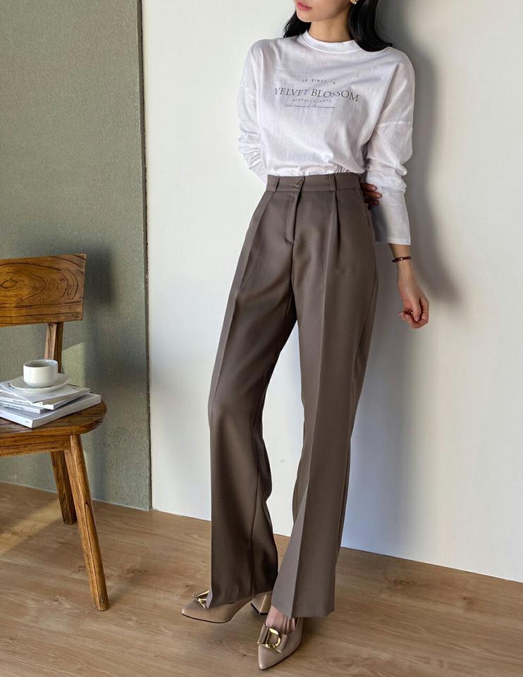 ワイドワンタックスラックス・t00346 レディース 【pt】ボトムス ロング ロングパンツ スラックス ワンタック センタープレス ワイド ストレート ハイウエスト ロング丈 無地 単色 シンプル フェミニン カジュアル 秋 冬 春 韓国ファッション