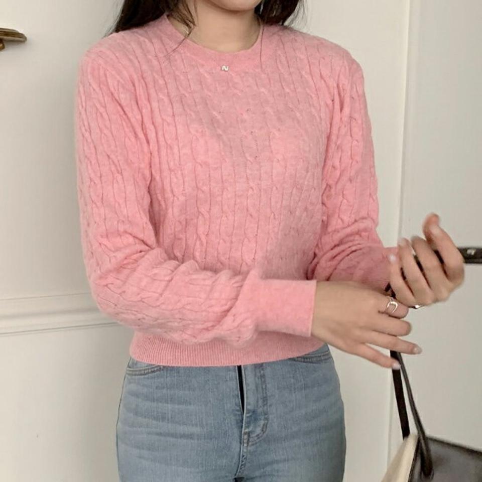 【マラソン特価】ラウンドネックケーブル長袖ニット・p001804 レディース 【tops】トップス ニット 長袖 単色 柄 模様 ケーブル編み ケーブルニット ラウンドネック 秋 冬 カジュアル パステル かわいい 可愛い キュート 韓国ファッション MKT