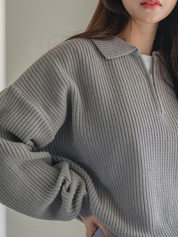 【マラソン特価】ハーフジップカラーニット・p001702 レディース 【tops】トップス ニット 長袖 単色 無地 シンプル ベーシック ハーフジップ ポロ襟 襟 秋 冬 カジュアル かわいい 可愛い ドロップショルダー ルーズ 韓国ファッション MKT