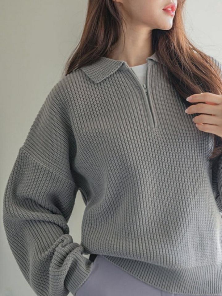 【マラソン特価】ハーフジップカラーニット・p001702 レディース 【tops】トップス ニット 長袖 単色 無地 シンプル ベーシック ハーフジップ ポロ襟 襟 秋 冬 カジュアル かわいい 可愛い ドロップショルダー ルーズ 韓国ファッション MKT