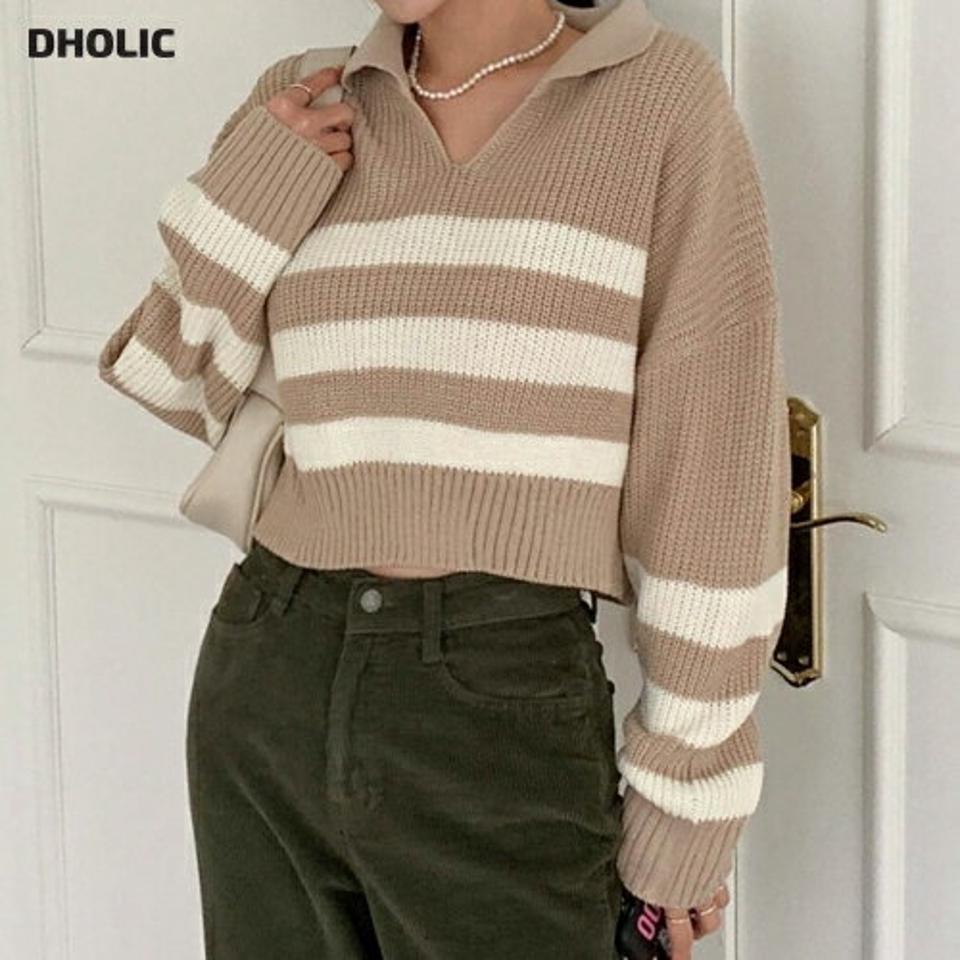 カラーVネックボーダーニット・p001706 レディース 【tops】トップス ニット 長袖 柄 模様 配色 ボーダー 襟 鎖骨 デコルテ Vネック 秋 冬 クロップド丈 カジュアル ラフ ゆったり 韓国ファッション MKT