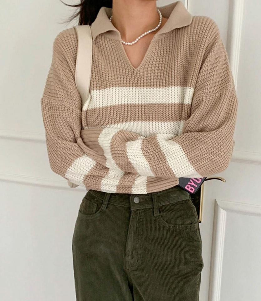 カラーVネックボーダーニット・p001706 レディース 【tops】トップス ニット 長袖 柄 模様 配色 ボーダー 襟 鎖骨 デコルテ Vネック 秋 冬 クロップド丈 カジュアル ラフ ゆったり 韓国ファッション MKT