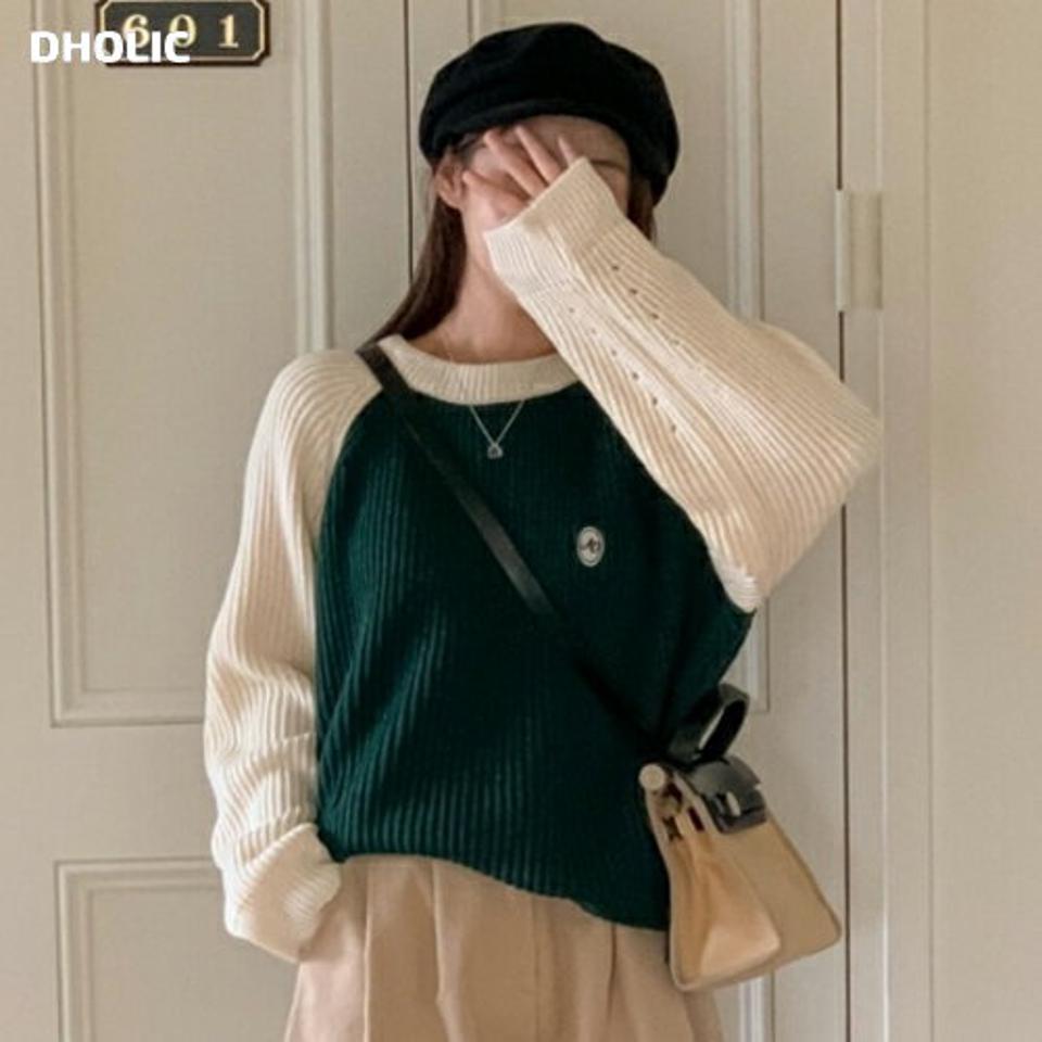 【マラソン特価】ワッペンパンチング配色ニット・p001698 レディース 【tops】トップス ニット 長袖 柄 模様 ワッペン バイカラー パンチング 秋 冬 カジュアル ラグラン ラフ ルーズ ゆったり ラフかわいい 可愛い 韓国ファッション MKT