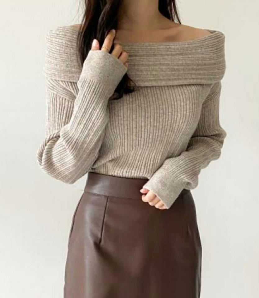 【マラソン特価】ウール混オフショルリブニット・p001554 レディース 【tops】トップス ニット 長袖 単色 無地 シンプル ベーシック ウール混 オフショルダー 鎖骨 デコルテ リブ 秋 冬 かわいい 可愛い フェミニン 大人 韓国ファッション MKT