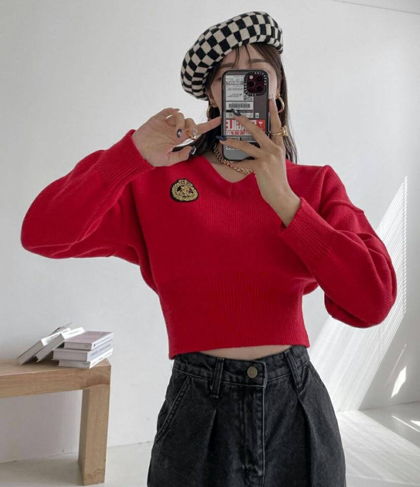 エンブレムVネックニット・p001553 レディース 【tops】トップス ニット 長袖 クロップド丈 エンブレム Vネック 鎖骨 デコルテ 単色 ドロップショルダー 秋 冬 カジュアル かわいい 可愛い 端正 韓国ファッション MKT