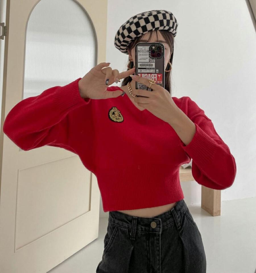 エンブレムVネックニット・p001553 レディース 【tops】トップス ニット 長袖 クロップド丈 エンブレム Vネック 鎖骨 デコルテ 単色 ドロップショルダー 秋 冬 カジュアル かわいい 可愛い 端正 韓国ファッション MKT