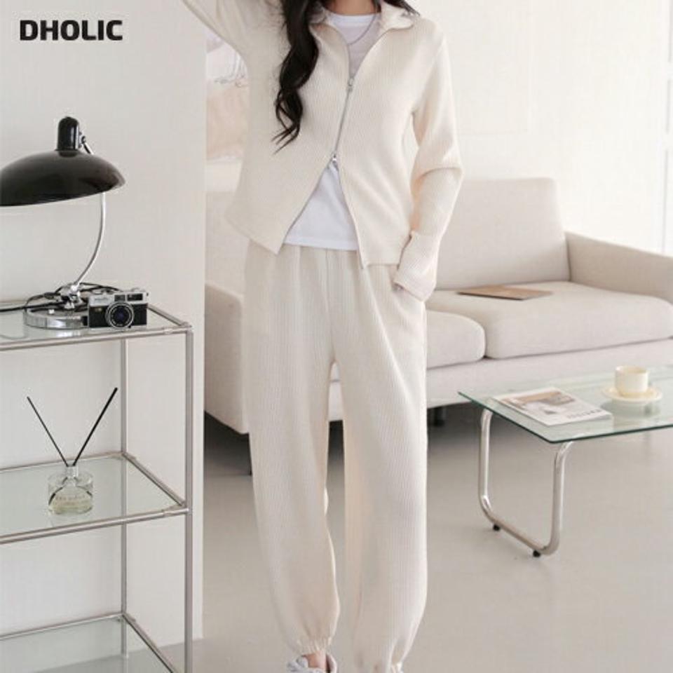 リブカラーカーデ&ジョガーパンツSET・p002087 レディース 【pt】 韓国ファッション セットアップ カーディガン ハイネック ジップ リブ ニット 長袖 パンツ ジョガーパンツ ロング丈 ゆったり 無地 シンプル デイリー カジュアル MKT