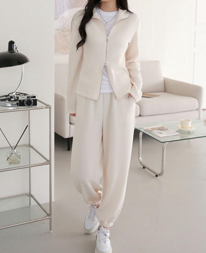リブカラーカーデ&ジョガーパンツSET・p002087 レディース 【pt】 韓国ファッション セットアップ カーディガン ハイネック ジップ リブ ニット 長袖 パンツ ジョガーパンツ ロング丈 ゆったり 無地 シンプル デイリー カジュアル MKT