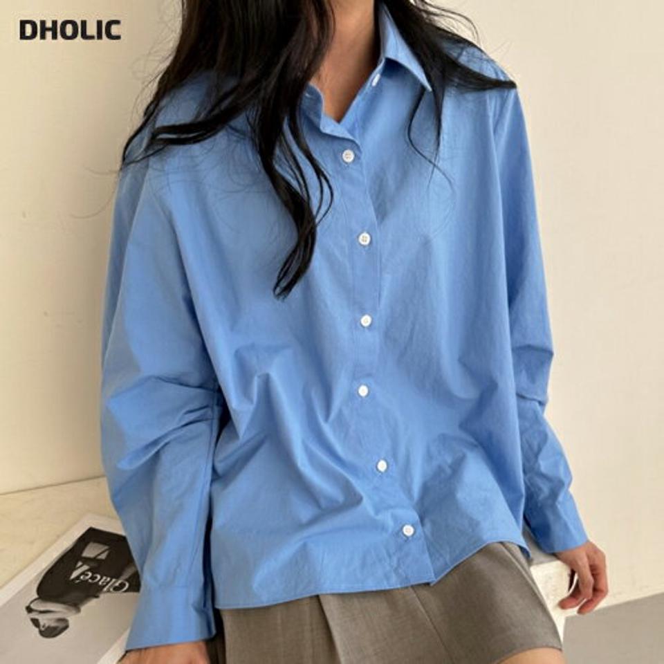 2WAYコットンシャツ・p002081 レディース 【bl】 韓国ファッション トップス シャツ カラーネック 長袖 ボリュームスリーブ 2WAY ボタン スリットヘム ルーズフィット ゆったり コットン 綿 無地 シンプル デイリー お出かけ カジュアル MKT