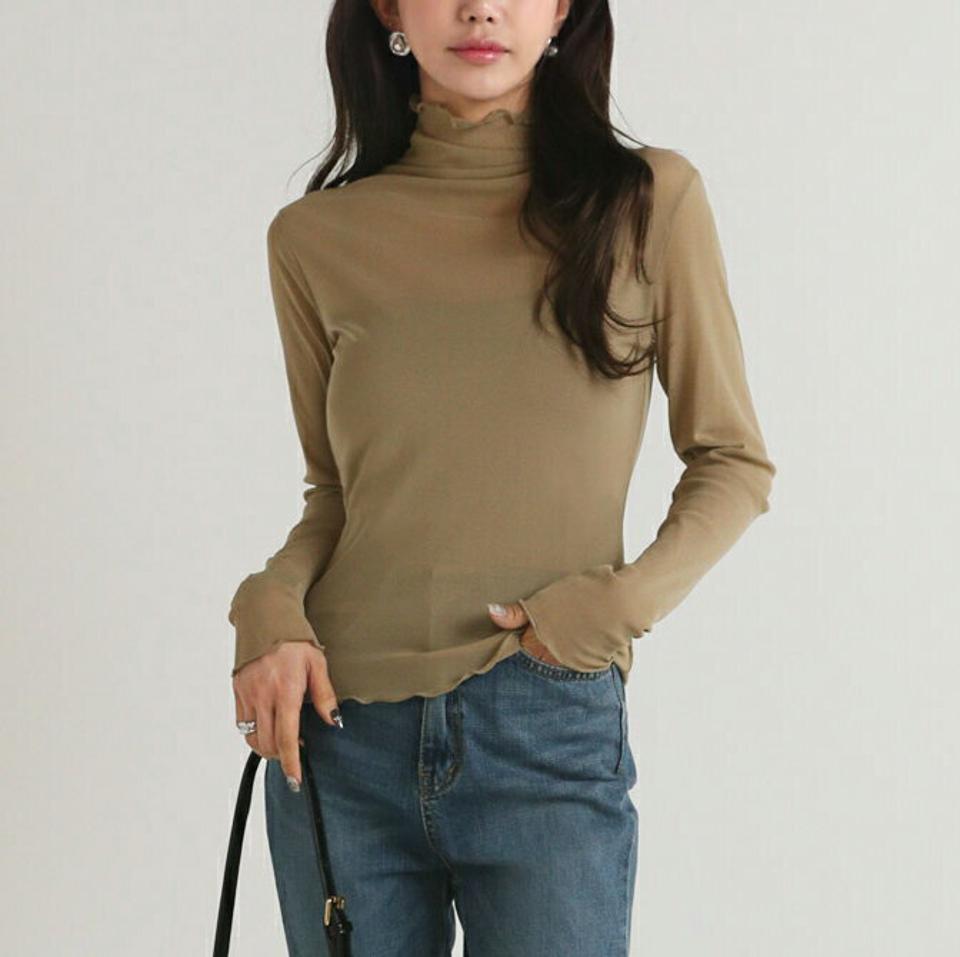 ≪人気商品再入荷≫シアーメロウタートルブラウス・b00361 レディース 【bl】トップス ブラウス タートルネック 長袖 メロウヘム シアー シースルー 透け感 無地 単色 大人 かわいい 可愛い カジュアル フェミニン 秋 冬 春 韓国ファッション