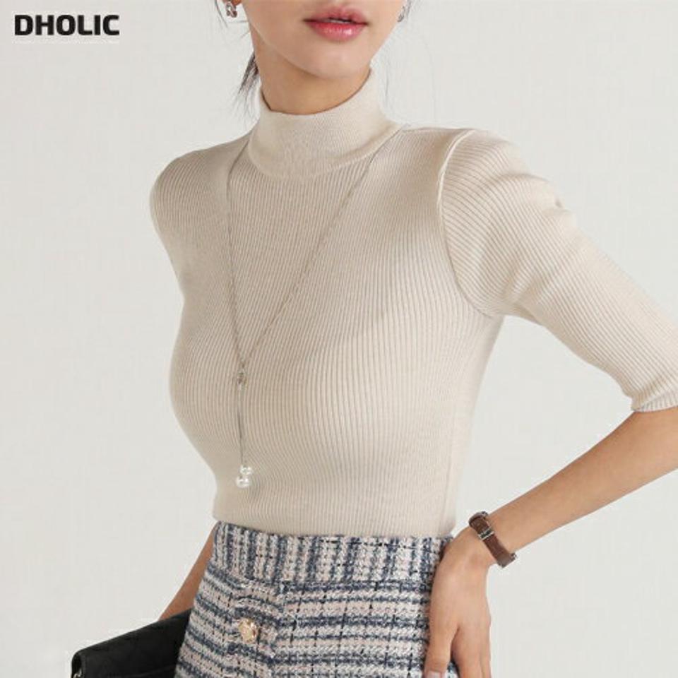 2TYPEハーフネック5分袖ニット・b00356 レディース 【tops】トップス ニット ハーフネック 5分袖 スリム ボーダー 無地 シンプル 大人 フェミニン カジュアル かわいい 可愛い 秋 冬 春 韓国ファッション