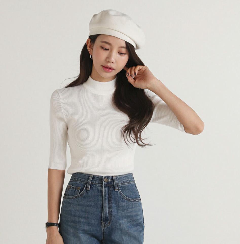2TYPEハーフネック5分袖ニット・b00356 レディース 【tops】トップス ニット ハーフネック 5分袖 スリム ボーダー 無地 シンプル 大人 フェミニン カジュアル かわいい 可愛い 秋 冬 春 韓国ファッション