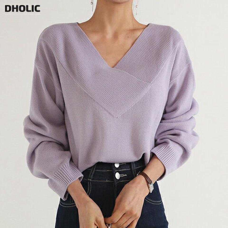 クロスVネックルーズニット・t00354 レディース 【tops】トップス ニット Vネック 長袖 ドロップショルダー クロス ルーズ リブヘム クロップド丈 シンプル 大人 フェミニン カジュアル かわいい 可愛い 秋 冬 春 韓国ファッション