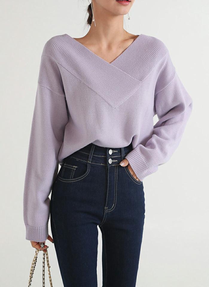 クロスVネックルーズニット・t00354 レディース 【tops】トップス ニット Vネック 長袖 ドロップショルダー クロス ルーズ リブヘム クロップド丈 シンプル 大人 フェミニン カジュアル かわいい 可愛い 秋 冬 春 韓国ファッション