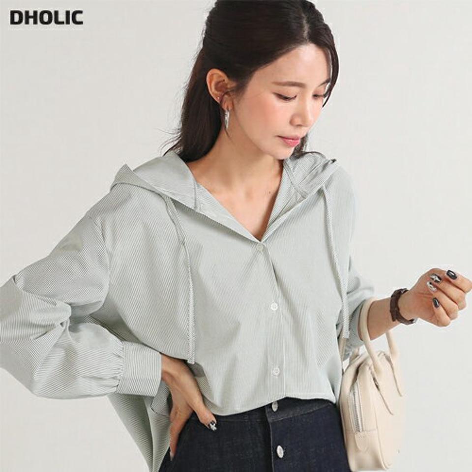 2TYPEラウンドヘムフードシャツ・t00366 レディース 【bl】トップス シャツ カラーネック 長袖 ピンストライプ 無地 フード付き カフスボタン ラウンドヘム シンプル 大人 かわいい 可愛い カジュアル フェミニン 秋 冬 春 韓国ファッション
