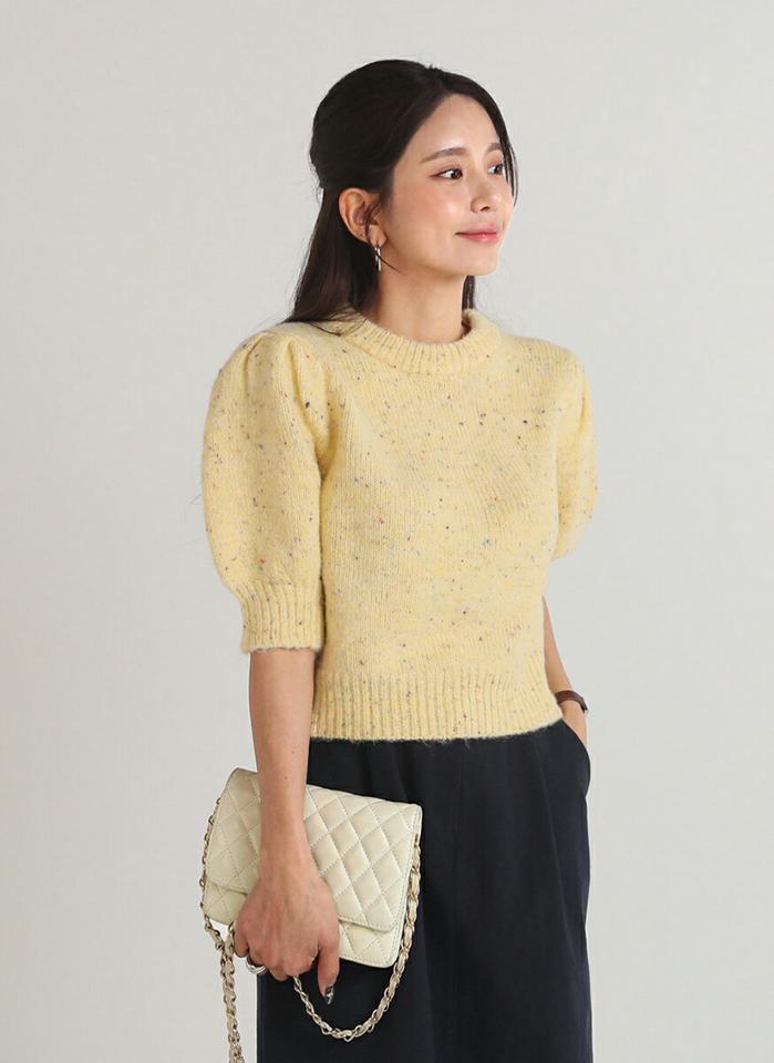 ウール混カラーミックスパフニット・t00357 レディース 【tops】トップス ニット ラウンドネック 半袖 パフ カラーミックス リブヘム ウール混 クロップド丈 シンプル 大人 フェミニン カジュアル かわいい 可愛い 秋 冬 春 韓国ファッション