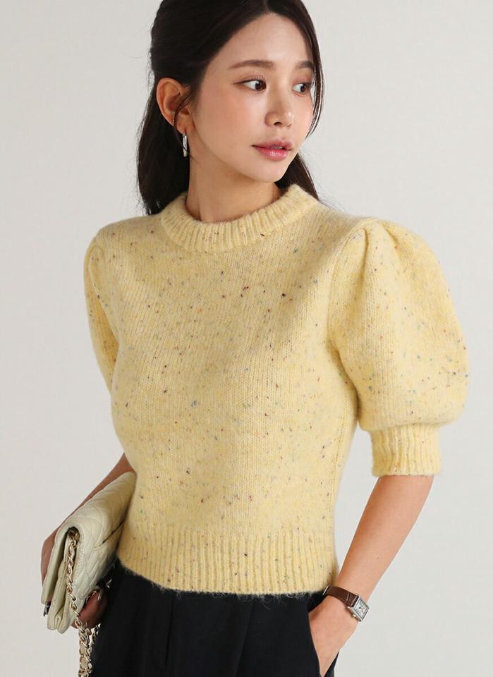 ウール混カラーミックスパフニット・t00357 レディース 【tops】トップス ニット ラウンドネック 半袖 パフ カラーミックス リブヘム ウール混 クロップド丈 シンプル 大人 フェミニン カジュアル かわいい 可愛い 秋 冬 春 韓国ファッション