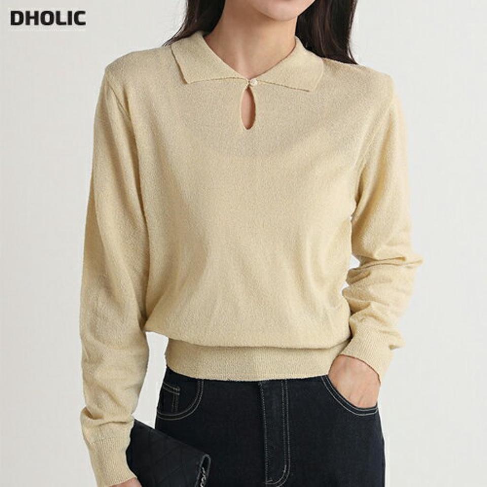 スリットカラー長袖ニット・t00351 レディース 【tops】トップス ニット カラーネック 長袖 スリット リブヘム クロップド丈 無地 単色 シンプル 大人 フェミニン カジュアル かわいい 可愛い 秋 冬 春 韓国ファッション