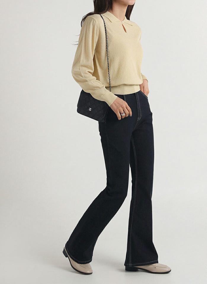 スリットカラー長袖ニット・t00351 レディース 【tops】トップス ニット カラーネック 長袖 スリット リブヘム クロップド丈 無地 単色 シンプル 大人 フェミニン カジュアル かわいい 可愛い 秋 冬 春 韓国ファッション