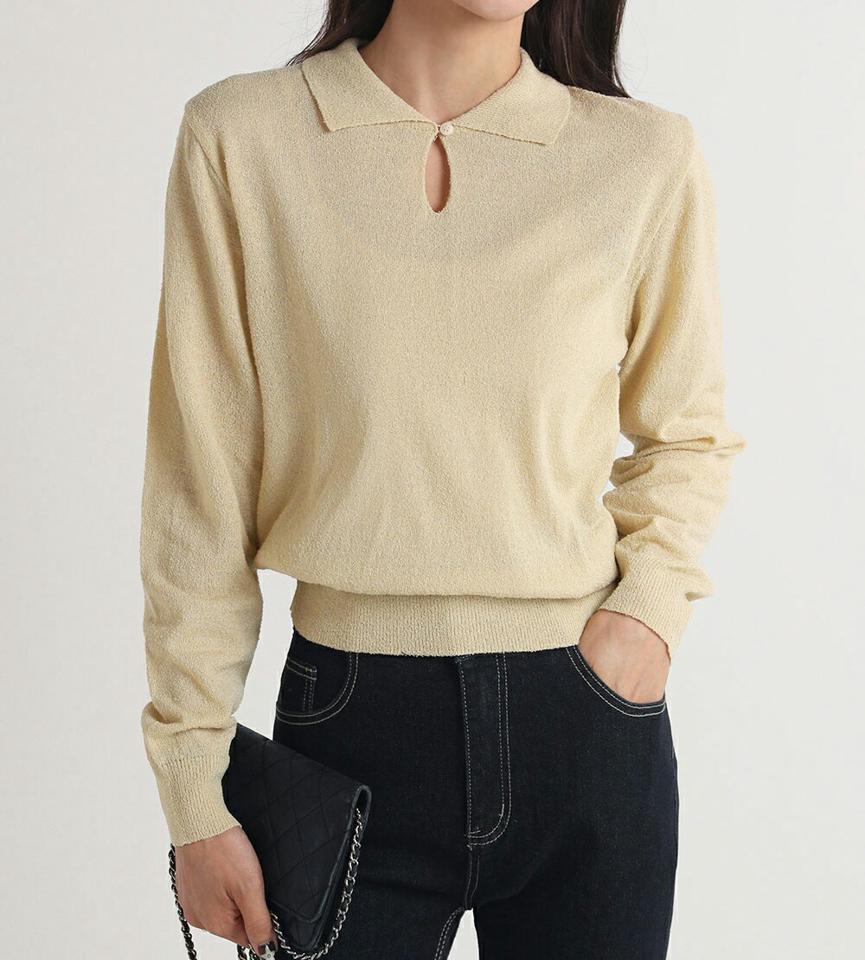 スリットカラー長袖ニット・t00351 レディース 【tops】トップス ニット カラーネック 長袖 スリット リブヘム クロップド丈 無地 単色 シンプル 大人 フェミニン カジュアル かわいい 可愛い 秋 冬 春 韓国ファッション