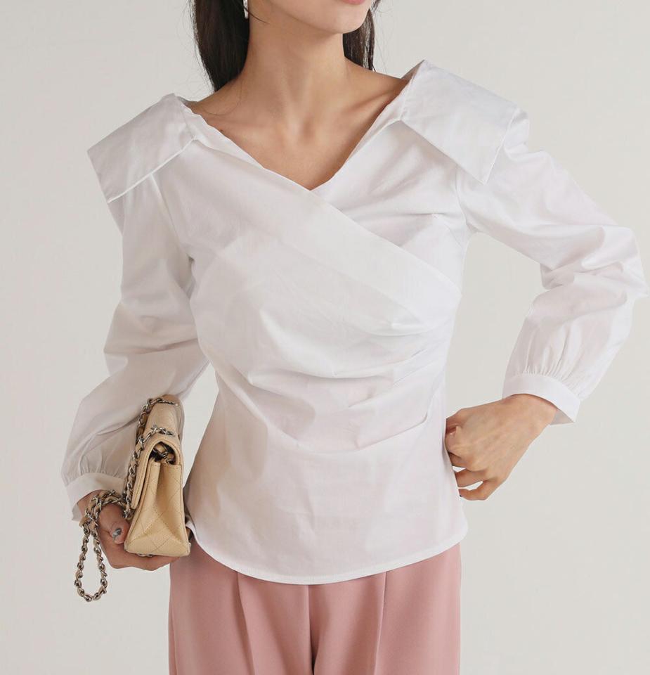 カラーカシュクールパフブラウス・b00359 レディース 【bl】トップス ブラウス Vネック 長袖 カシュクール パフ ラウンドヘム ギャザー タック 襟付き 無地 単色 シンプル かわいい 可愛い カジュアル フェミニン 秋 冬 春 韓国ファッション