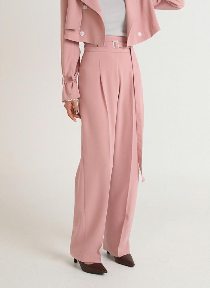 ベルト付タックスラックス・b00371 レディース 【pt】ボトムス ロング ロングパンツ スラックス ベルト付 タック ワイド ストレート ハイウエスト センタープレス ロング丈 無地 単色 シンプル フェミニン カジュアル 秋 冬 春 韓国ファッション