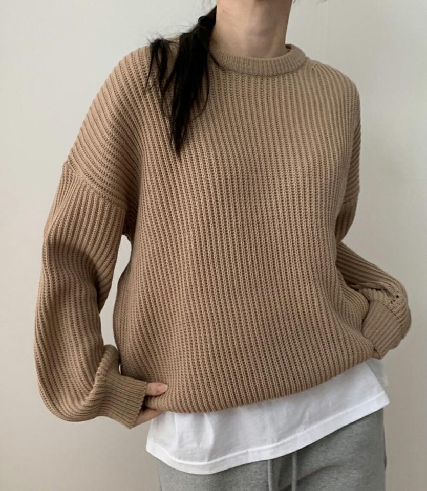 ラウンドネックルーズニット・p002271 レディース 【tops】トップス ニット 長袖 単色 無地 シンプル ベーシック ラウンドネック ルーズ ゆったり 楽ちん 秋 冬 カジュアル ラフ ドロップショルダー 韓国ファッション MKT