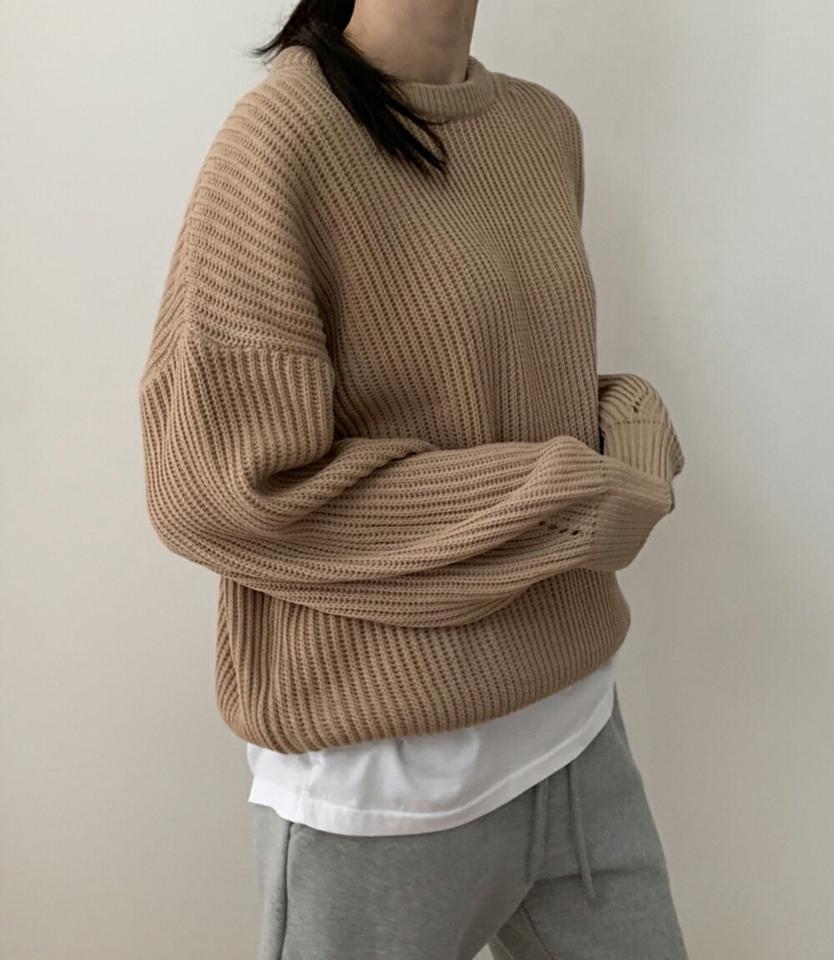 ラウンドネックルーズニット・p002271 レディース 【tops】トップス ニット 長袖 単色 無地 シンプル ベーシック ラウンドネック ルーズ ゆったり 楽ちん 秋 冬 カジュアル ラフ ドロップショルダー 韓国ファッション MKT