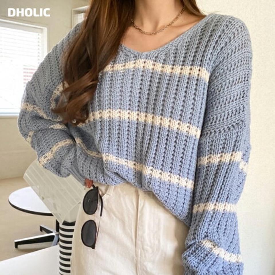 ボーダーVネックルーズニット・p002196 レディース 【tops】トップス ニット 長袖 柄 模様 ボーダー パステル Vネック 鎖骨 デコルテ ドロップショルダー 秋 冬 カジュアル ラフ ゆったり 楽ちん かわいい 韓国ファッション MKT