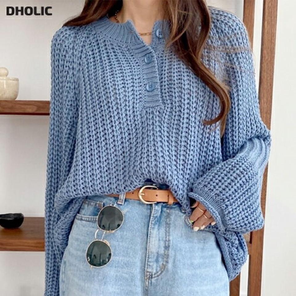 ヘンリーネックオーバーニット・p002189 レディース 【tops】トップス 長袖 単色 ニット 無地 シンプル ベーシック オーバー ドロップショルダー ボタン ぼたん 秋 冬 カジュアル ラフ ゆったり 楽ちん 韓国ファッション MKT