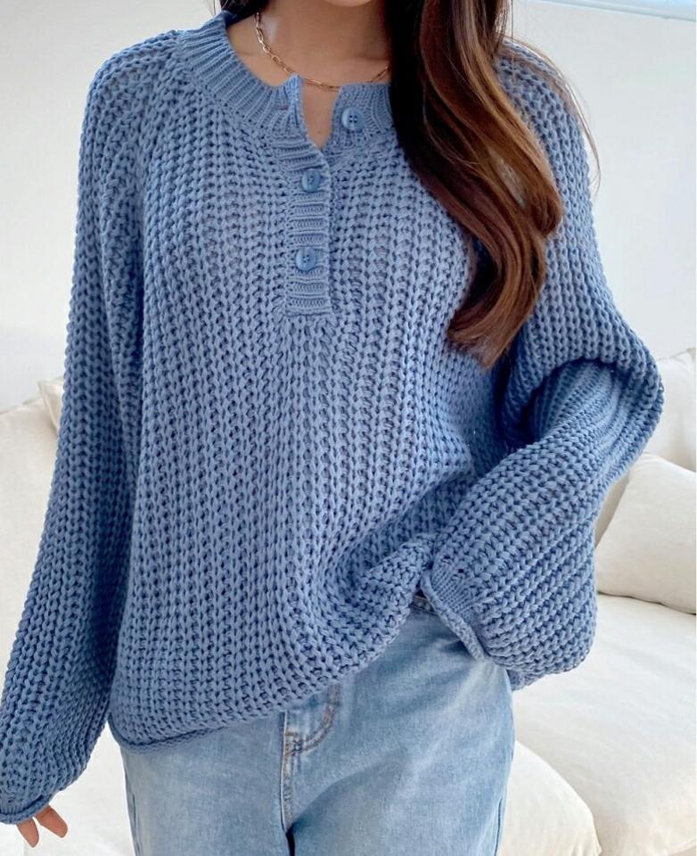 ヘンリーネックオーバーニット・p002189 レディース 【tops】トップス 長袖 単色 ニット 無地 シンプル ベーシック オーバー ドロップショルダー ボタン ぼたん 秋 冬 カジュアル ラフ ゆったり 楽ちん 韓国ファッション MKT