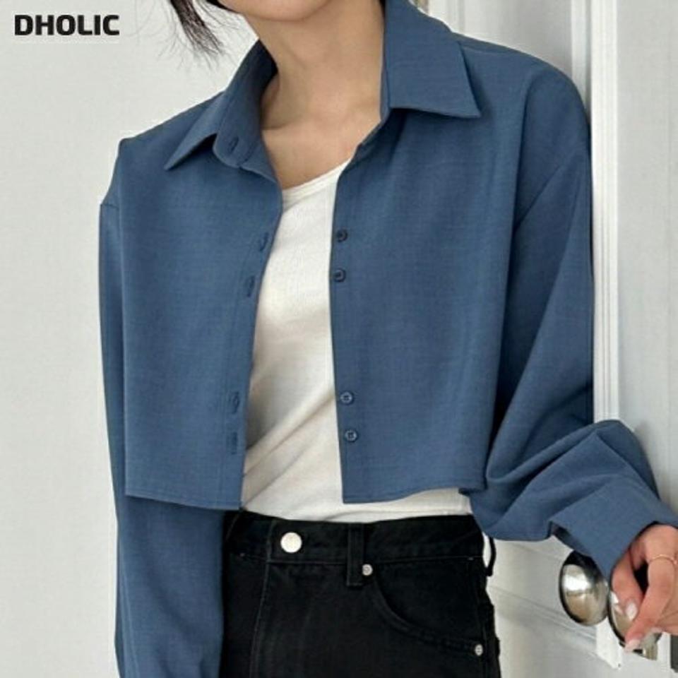 アンバランスクロップドシャツ・p002356 レディース 【bl】 韓国ファッション トップス シャツ カラーネック 長袖 ロングスリーブ クロップド ショート アンバランス ボタン ルーズフィット ゆったり 無地 シンプル 大人カジュアル カジュアル MKT