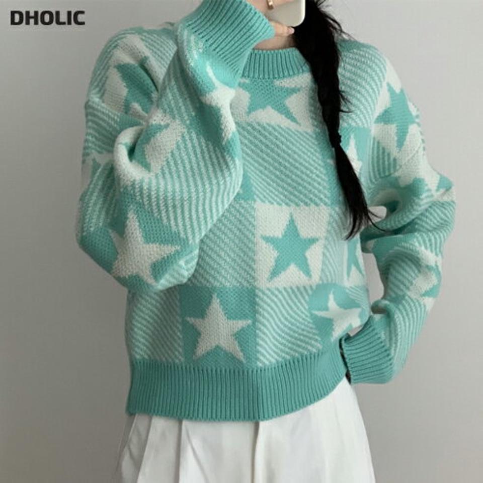スターチェックラウンドニット・p002193 レディース 【tops】トップス ニット 長袖 柄 模様 スター チェック パステル ラウンドネック 秋 冬 カジュアル ラフ 星 かわいい 可愛い ドロップショルダー 韓国ファッション MKT
