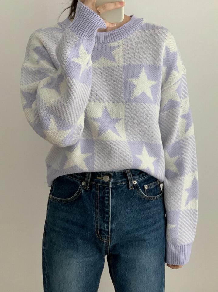 スターチェックラウンドニット・p002193 レディース 【tops】トップス ニット 長袖 柄 模様 スター チェック パステル ラウンドネック 秋 冬 カジュアル ラフ 星 かわいい 可愛い ドロップショルダー 韓国ファッション MKT