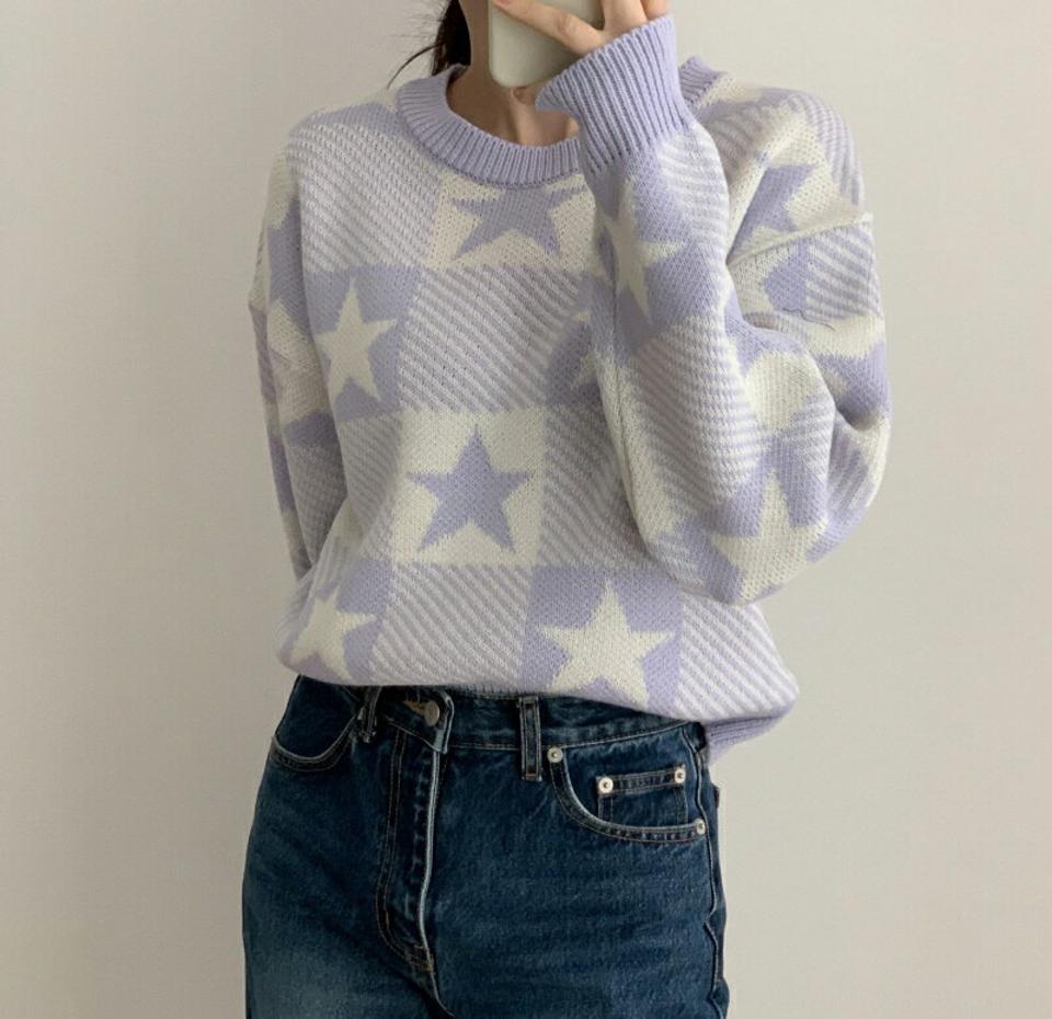 スターチェックラウンドニット・p002193 レディース 【tops】トップス ニット 長袖 柄 模様 スター チェック パステル ラウンドネック 秋 冬 カジュアル ラフ 星 かわいい 可愛い ドロップショルダー 韓国ファッション MKT