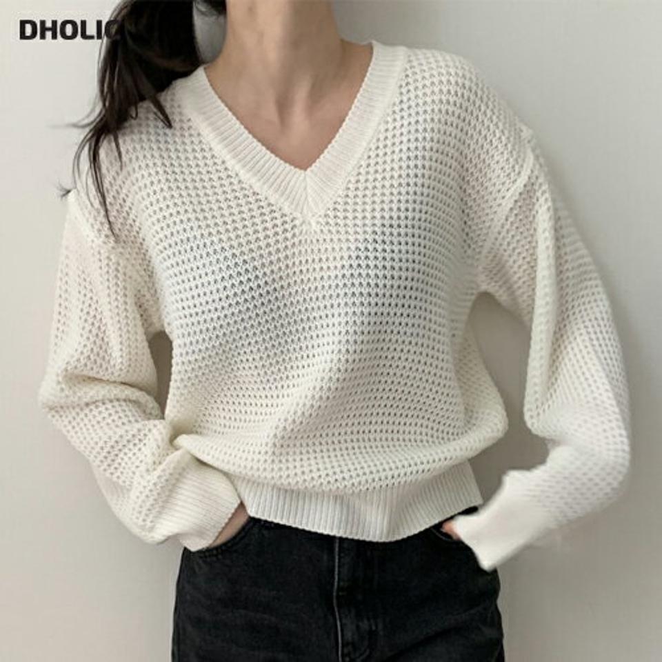 Vネックワッフルニット・p002258 レディース 【tops】トップス ニット 長袖 柄 模様 ワッフル 単色 Vネック 鎖骨 デコルテ 透け感 シアー シースルー 秋 冬 カジュアル ラフ かわいい ドロップショルダー ルーズ 韓国ファッション MKT