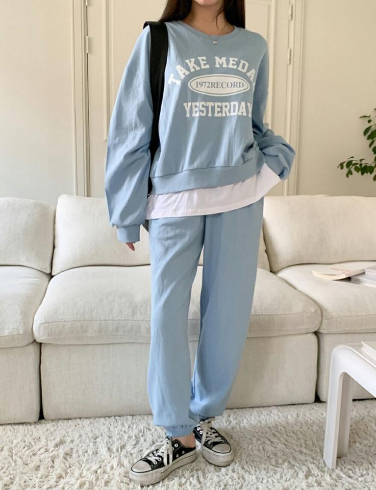 TAKE MEDAL配色スウェット&ジョガーパンツSET・p002313 レディース 【pt】セットアップ セット setup トップス スウェット トレーナー 長袖 柄 模様 ロゴ パンツ ロング丈 秋 冬 カジュアル ラフ 韓国ファッション MKT
