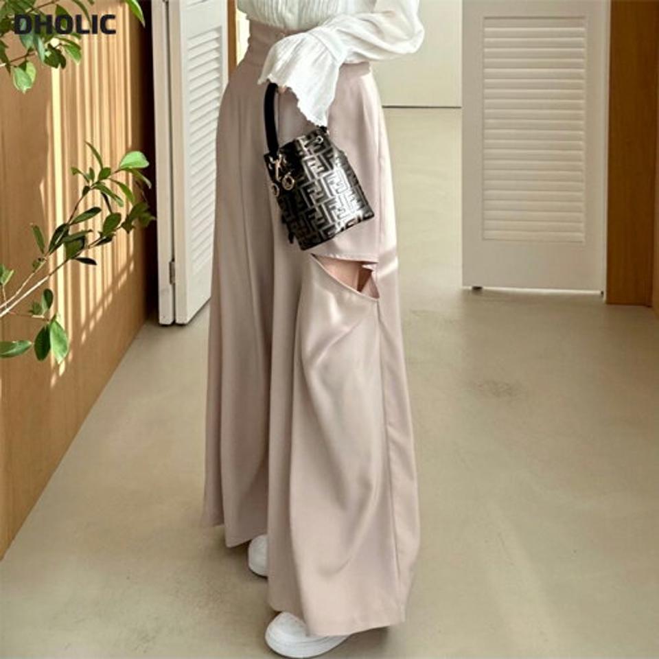 サイドスリットワイドツーボタンパンツ・p002069 レディース 【pt】パンツ ロング丈 ワイド スリット カットアウト 単色 無地 シンプル ベーシック パステル ハイウエスト 秋 春 ユニーク かわいい 可愛い 韓国ファッション MKT