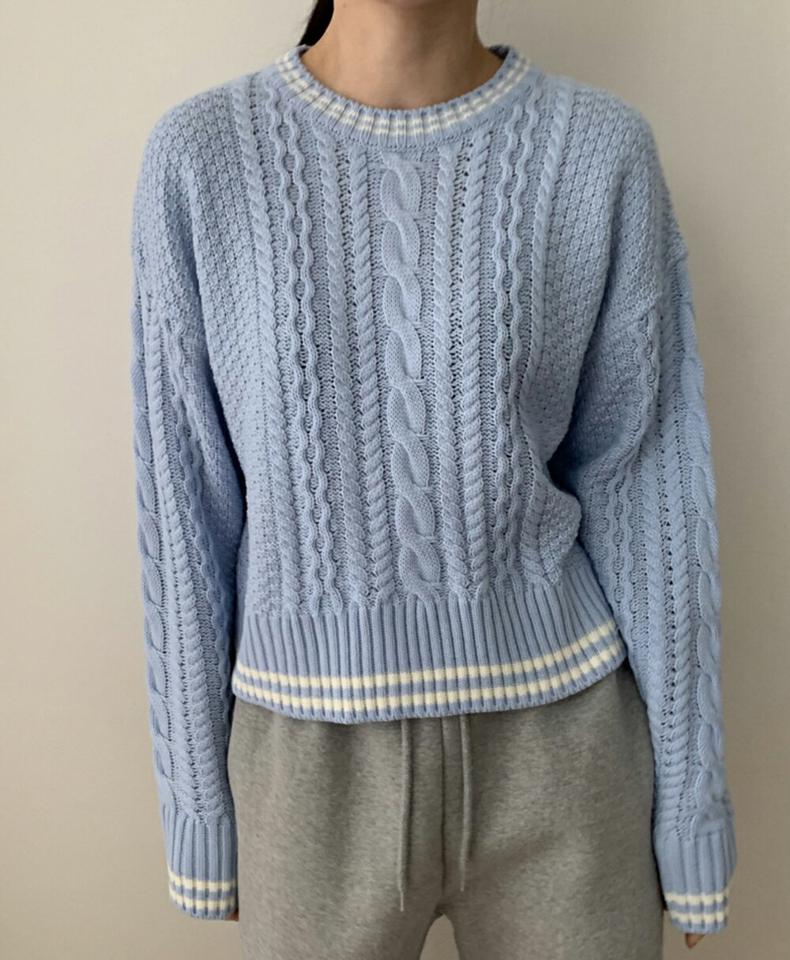 配色ラインケーブルニット・p002255 レディース 【tops】トップス ニット 長袖 柄 模様 配色 ライン ケーブル編み ケーブルニット モノトーン 秋 冬 かわいい 可愛い 端正 白 黒 韓国ファッション MKT