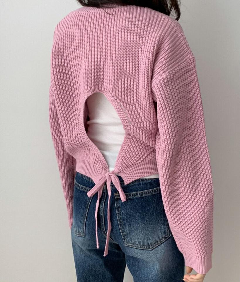 バックスリットリボンニット・p002323 レディース 【tops】 韓国ファッション トップス ニット ラウンドネック 長袖 ドロップショルダー リブ バックスリット リボン クロップド ルーズフィット ゆったり お出かけ ラブリー カジュアル MKT