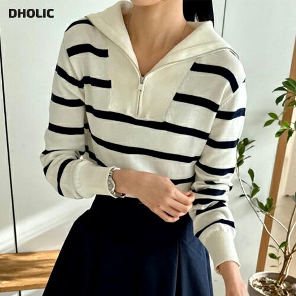 ハーフジップボーダーカラーニット・p002256 レディース 【tops】トップス ニット 長袖 柄 模様 ボーダー ハーフジップ 配色 カジュアル ラフ 秋 冬 モノトーン デイリー 韓国ファッション MKT