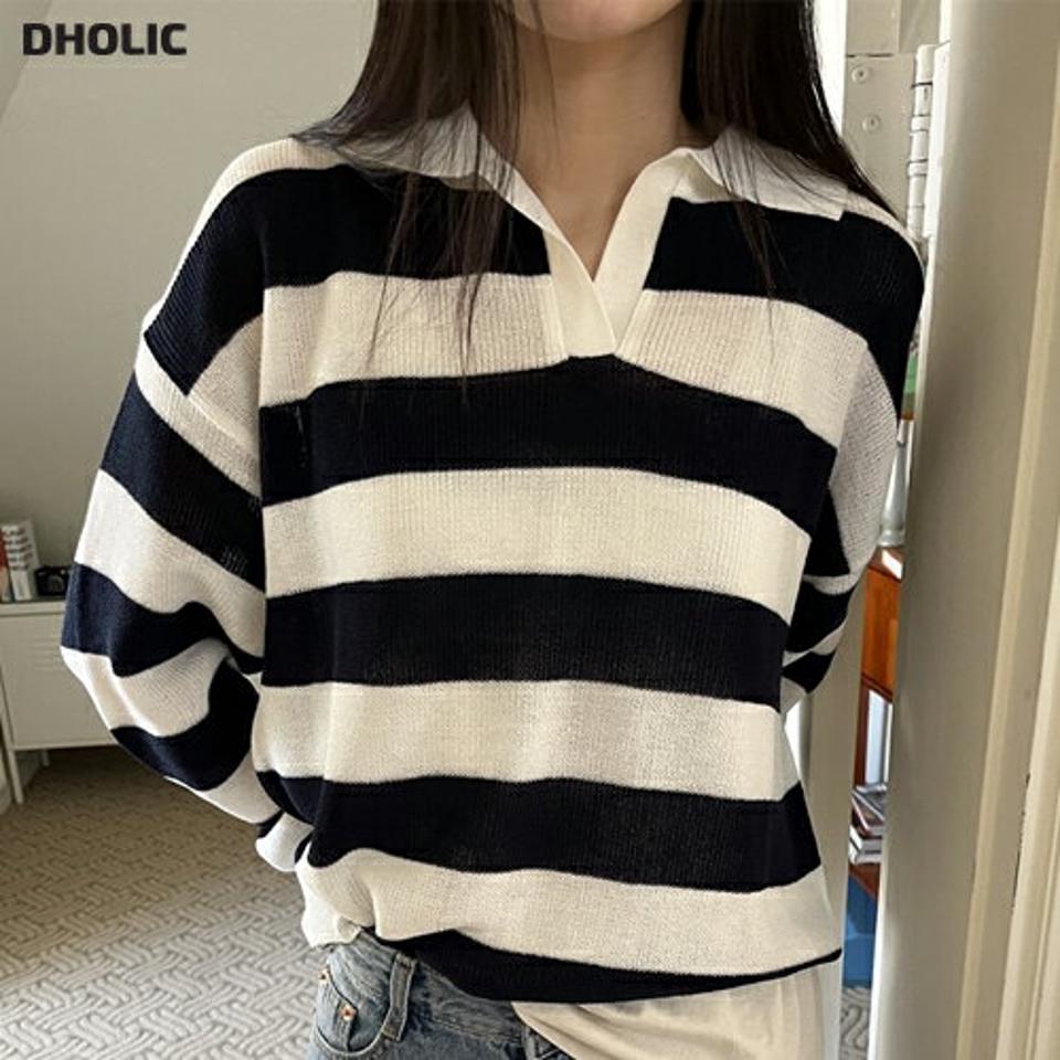 【送料無料】ボーダーカラーVネックニット・p002475 レディース 【tops】トップス ニット 長袖 柄 模様 ボーダー ポロ襟 ドロップショルダー ルーズ ゆったり 楽ちん ラフ カジュアル 秋 冬 かわいい 可愛い 韓国ファッション MKT